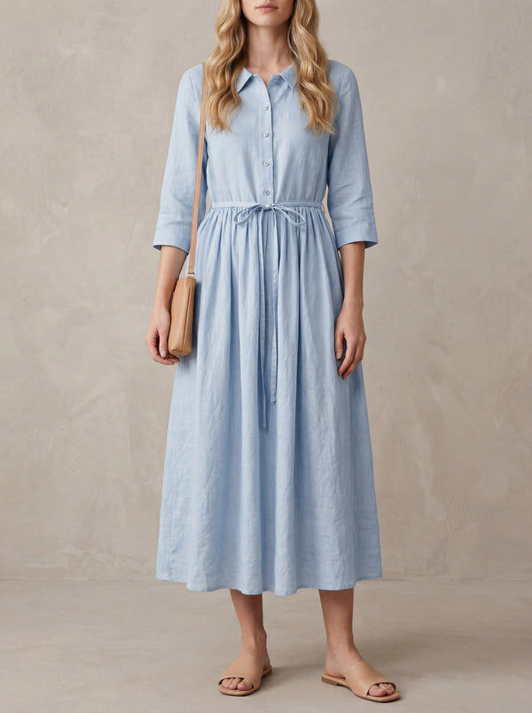 Marguerite · Blue Midi Dress with Peter Pan Collar and Adjustable Waist Tie